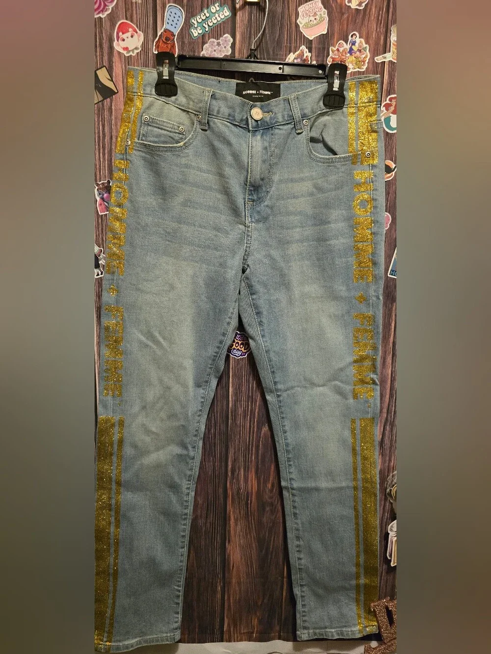 HOMME + FEMME Denim wear Light Wash Jeans with Gold Glitter Side Stripe